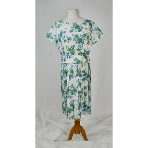 Vintage 50s 60s Dress MidCentury Spring Summer Floral Pleated Rockabilly Pin-Up - Picture 2 of 11